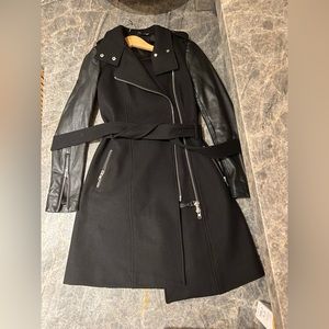 Mackage Dale Coat Wool and Leather Sleeves Black Zipper Tie Waist XS trench